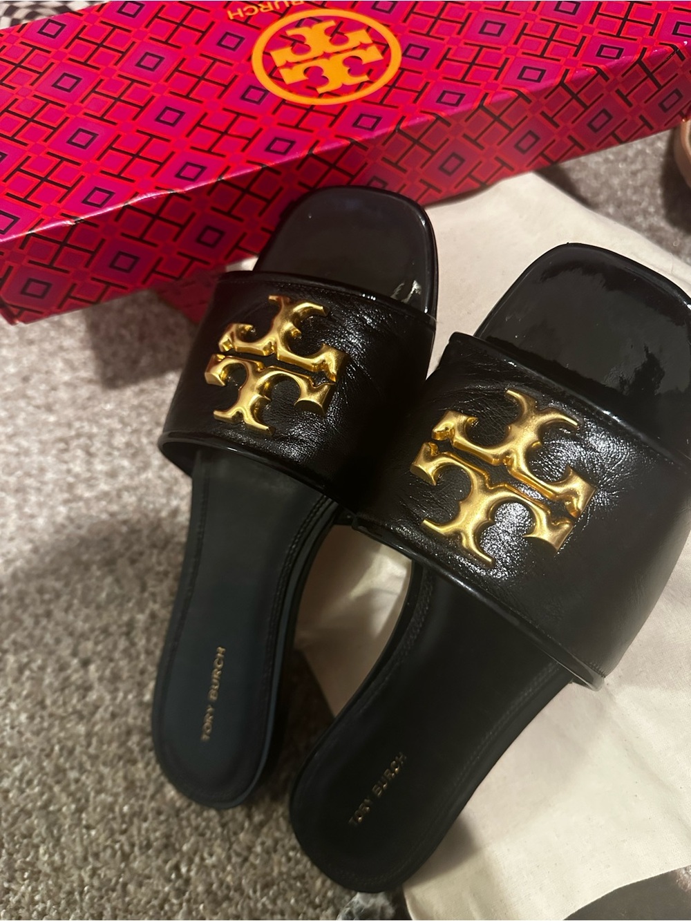Tory Burch Black Leather Slide Sandals with Gold Logo Emblem